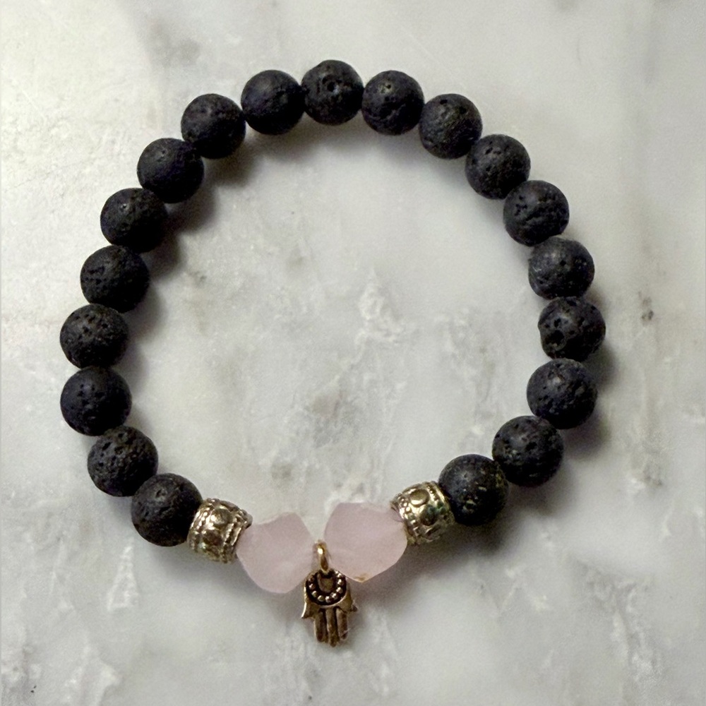 Handmade Lava Stone & Rose Quartz Hamsa Bracelet – Strength, Love & Grounding